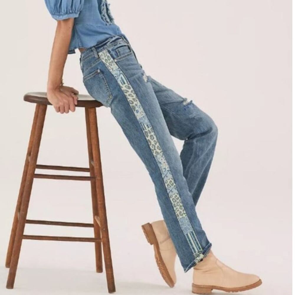 Pilcro Anthropologie patchwork slim boyfriend jeans animal print distressed